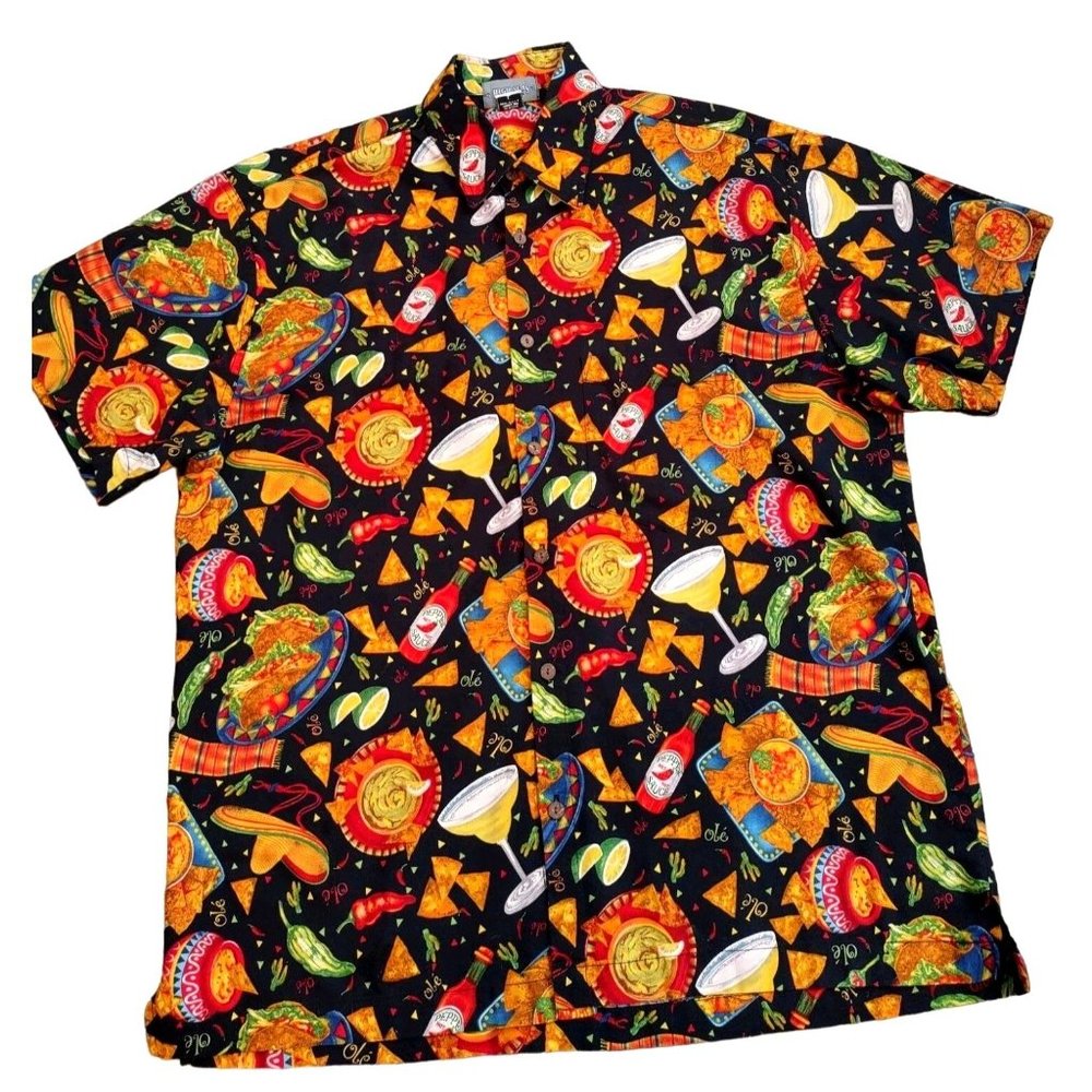 Men's Hawaiian Tiki FIESTA MARGARITA HOT SAUCE TACOS  Mexican Party Shirt Large